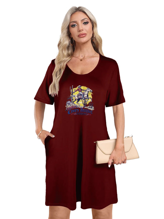 Vintage Style 'Coors Banquet Rodeo' Print Dual Pockets Dress Casual Short Sleeve Tee Dress For Spring & Summer Women's Clothing