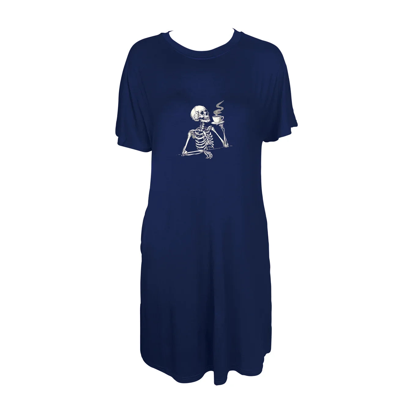 Unique Skeleton Drinking Coffee Print Crew Neck Tee Dress, Casual Short Sleeve Dress For Spring & Summer, Women's Clothing