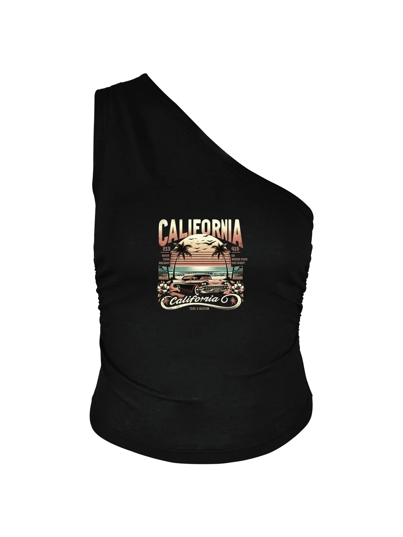 Vintage Palm Trees Car And Sunset Print Crop One Shoulder Tank Top Sleeveless Casual Top For Summer & Spring Women's Clothing