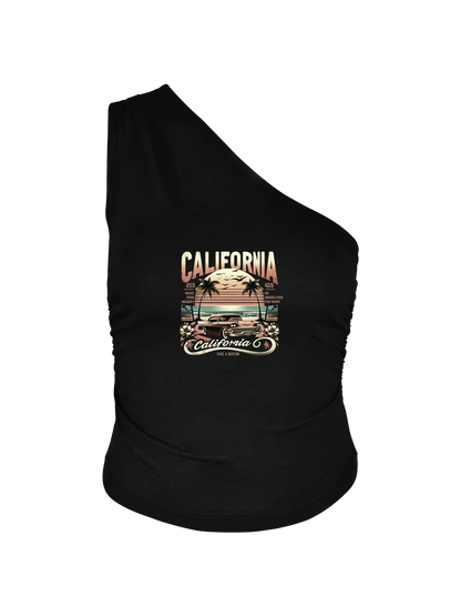 Vintage Palm Trees Car And Sunset Print Crop One Shoulder Tank Top Sleeveless Casual Top For Summer & Spring Women's Clothing