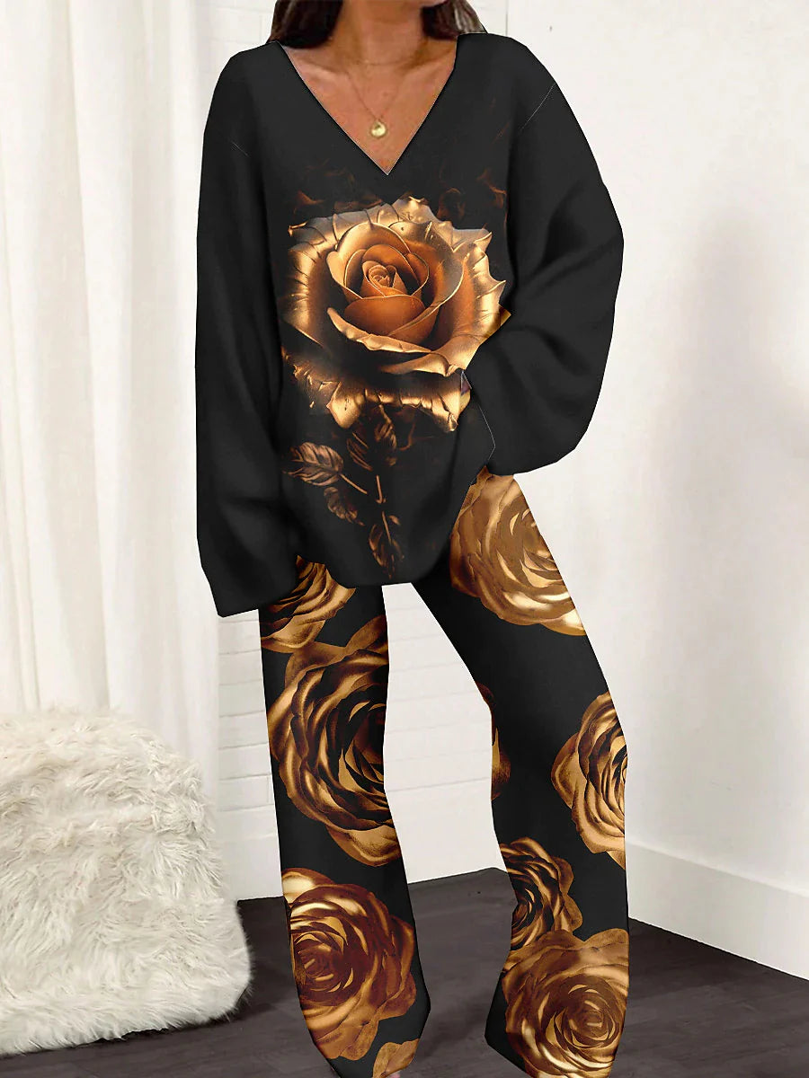 Women's Pajamas Sets Flower Fashion Soft Home Daily Bed Polyester Breathable V Wire Long Sleeve Pant Spring Black Yellow