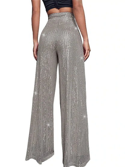 Women's Wide Leg Pants Trousers Sparkly Pants Full Length Sequins Micro-elastic High Waist Elegant Fashion Party Street claret M beige S M Summer Spring