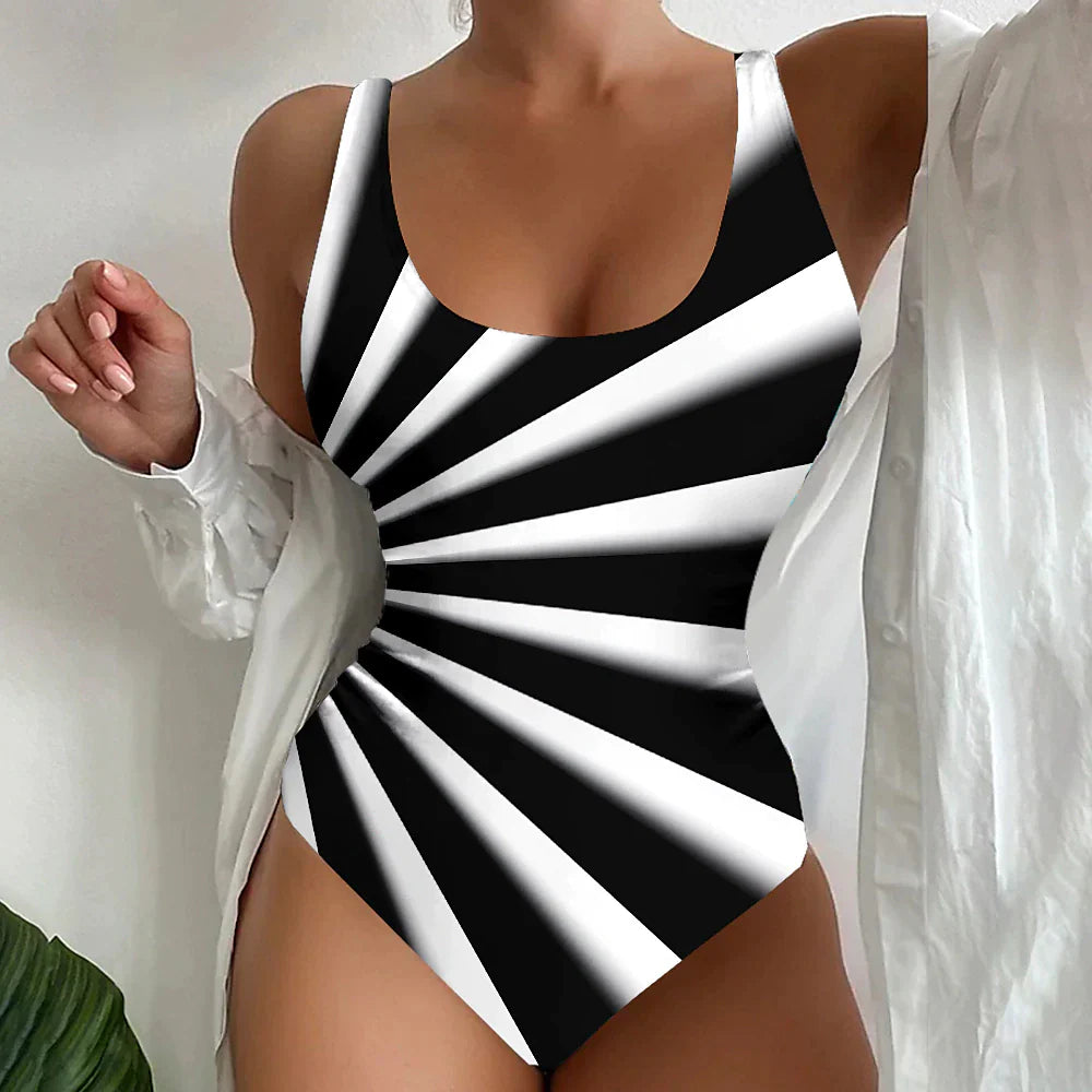 Women's Swimwear One Piece Normal Swimsuit Printing Striped White Yellow Blue Green Bodysuit Bathing Suits Sports Beach Wear Summer