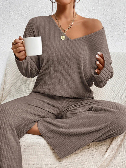 Women's Loungewear Sets Pure Color Casual Comfort Soft Home Daily Vacation Polyester Breathable V Wire Long Sleeve Sweater Pant Fall Winter Black Brown