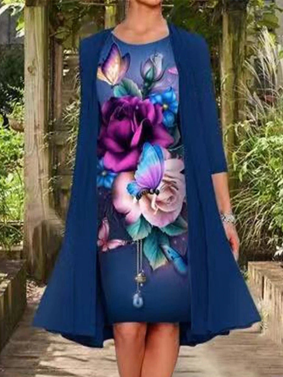 Women's Two Piece Dress Set Shift Dress Chiffon Dress Daily Going out Casual Print Midi Dress Crew Neck 3/4 Length Sleeve Floral Regular Fit Navy Blue Light Purple Purple Summer Spring M L XL XXL XXXL