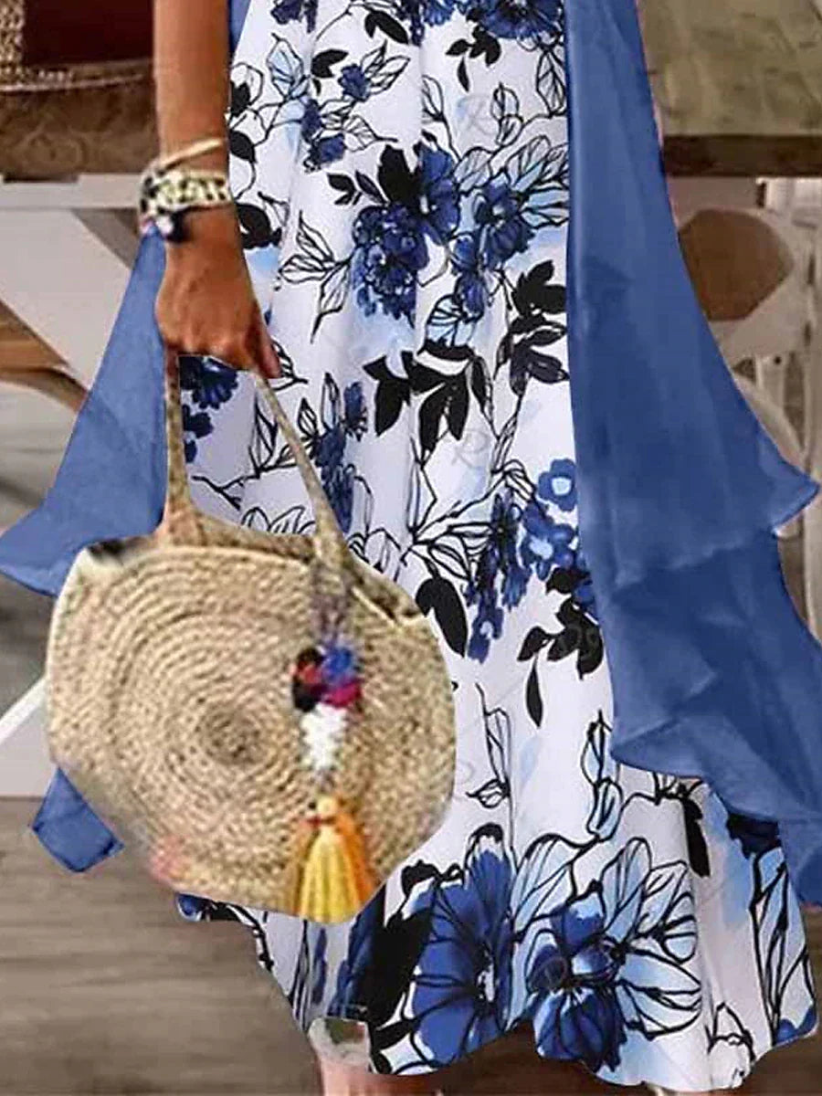 Women's Two Piece Dress Set Casual Dress Print Dress Outdoor Daily Fashion Casual Print Maxi Dress V Neck Half Sleeve Leaf Floral Regular Fit Blue Purple Summer Spring S M L XL XXL