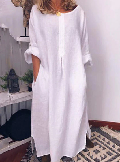 Women's Casual Dress Cotton Linen Dress Shift Dress Maxi long Dress Cotton Blend Modern Casual Daily Vacation Boat Neck Ruched Pocket Long Sleeve Summer Spring Fall 2023 Loose Fit White Pure Color S