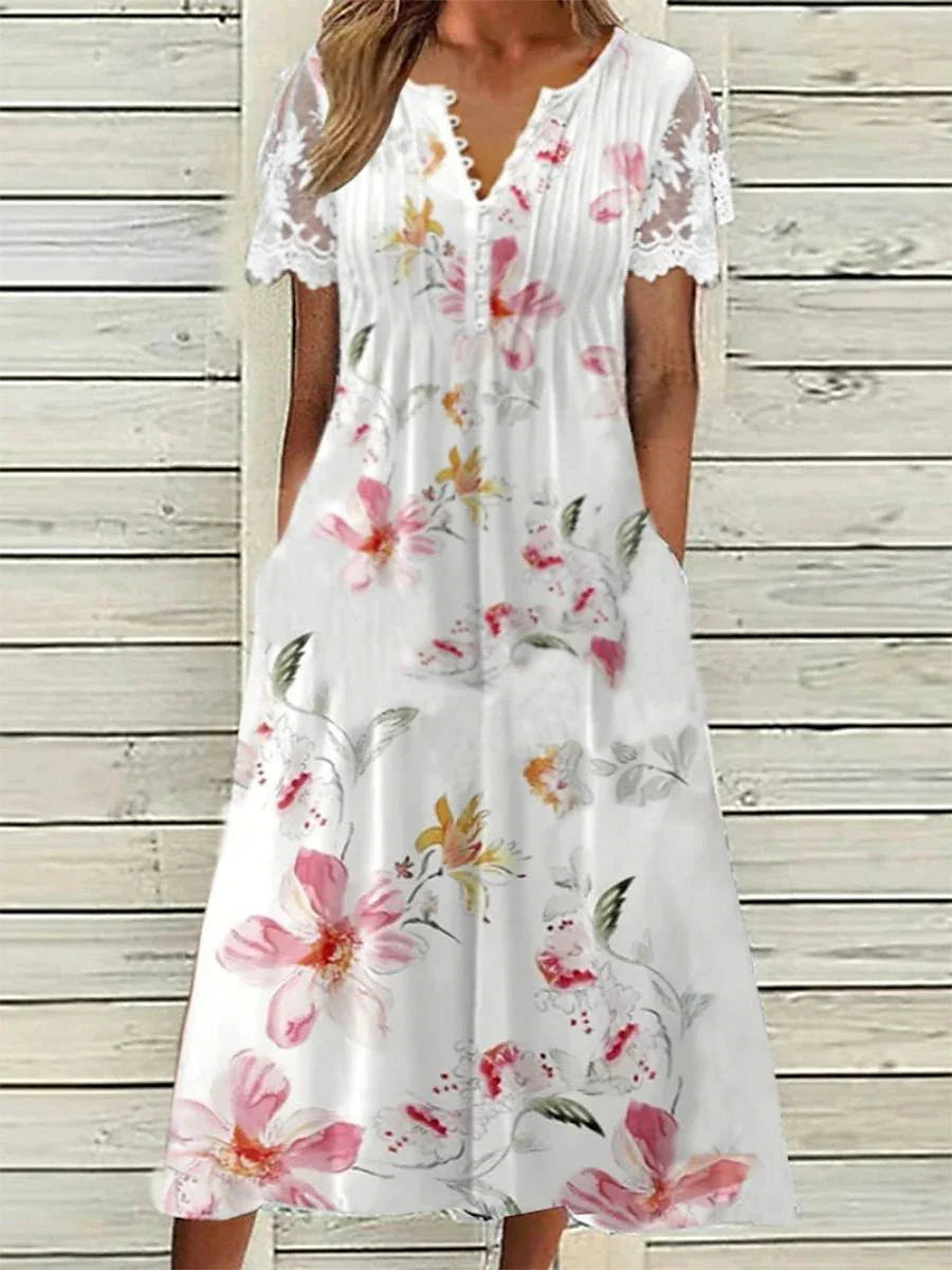 Women's Lace Dress Summer Dress Floral Print Lace V Neck Midi Dress Fashion Modern Date Weekend Short Sleeve Regular Fit White Summer Spring S M L XL XXL