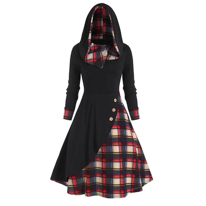 Women's New Year's Eve Dress Tartan Dress Sheath Dress Black Wine Red Long Sleeve Plaid Patchwork Winter Fall Hooded Modern Winter Dress Weekend Fall Dress Loose Fit