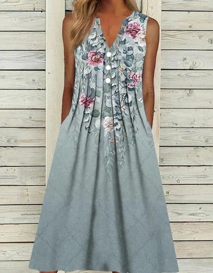 Women's Casual Dress Midi Dress Gray Sleeveless Floral Ruched Spring Summer V Neck Elegant Weekend 2023 S M L XL XXL 3XL