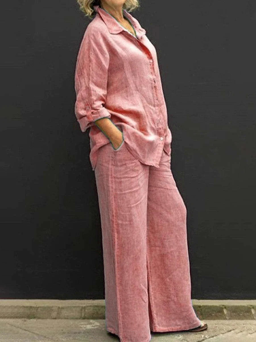 Women's Loungewear Sets Pure Color Simple Casual Comfort Street Daily Vacation Cotton Breathable Lapel Long Sleeve Shirt Pant Pocket Elastic Waist Summer Spring Pink Blue