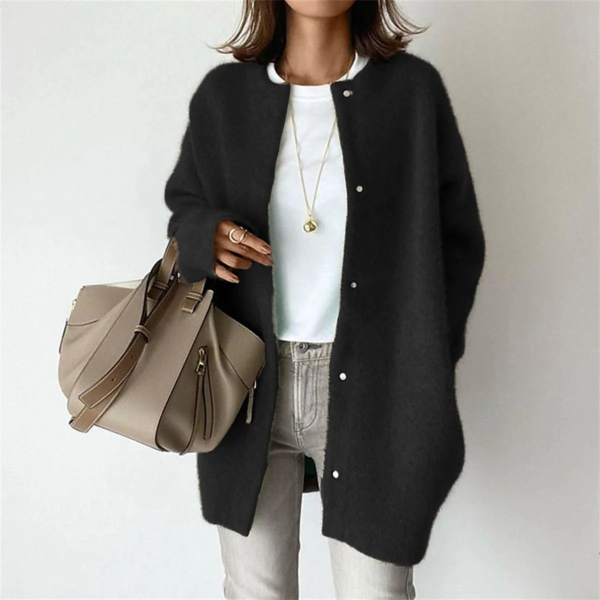 Women's Casual Jacket Fall Winter Wool Blend Regular Coat Windproof Warm Casual Daily Street Jacket Long Sleeve Black with Pockets