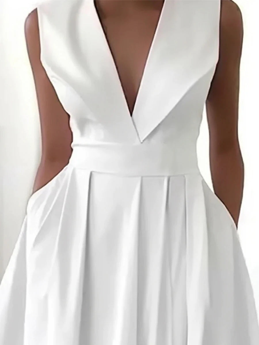 Women's Party Dress Work Dress Swing Dress Midi Dress White Sleeveless Pure Color Ruched Summer Spring V Neck Fashion Birthday Wedding Guest Vacation Loose Fit 2023 S M L XL 2XL 3XL