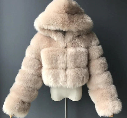 Women's Fur Coat Faux Fur Coat Hoodie Jacket Wedding Daily Outdoor clothing Fall Winter Short Coat Slim Casual Faux Leather Jacket Long Sleeve Solid Color Fur Light Pink Sapphire Navy