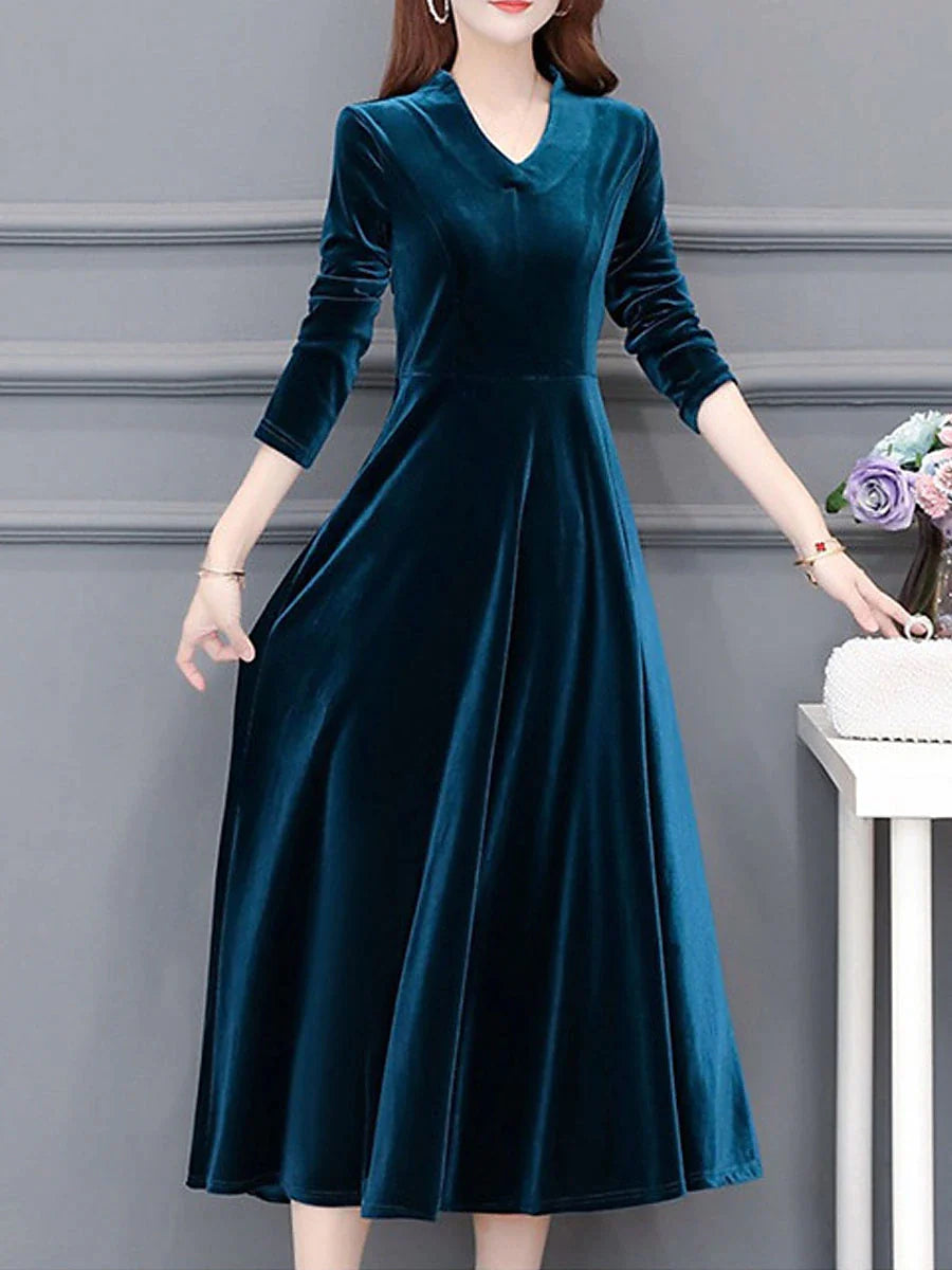 Women's Party Dress Wedding Guest Dress Velvet Dress Work Dress Midi Dress Black Wine Royal Blue Long Sleeve Pure Color Ruched Winter Fall Spring V Neck Fashion Spring Dress