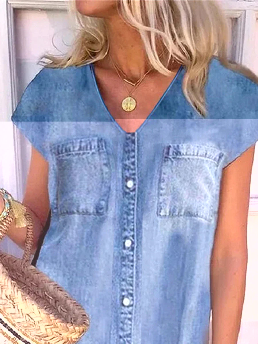 Women‘s Denim Dress Shirt Dress Casual Dress Shift Dress Mini Dress Denim Fashion Casual Outdoor Daily Vacation V Neck Button Pocket Short Sleeve Summer Spring Fall 2023 Regular Fit Blue Plain