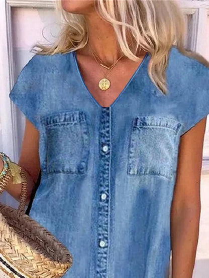 Women‘s Denim Dress Shirt Dress Casual Dress Shift Dress Mini Dress Denim Fashion Casual Outdoor Daily Vacation V Neck Button Pocket Short Sleeve Summer Spring Fall 2023 Regular Fit Blue Plain