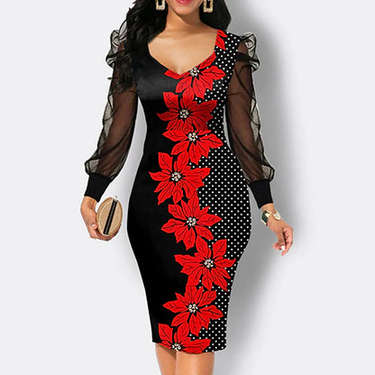 Women's Work Dress Bodycon Sheath Dress Midi Dress Black Pink Red Long Sleeve Floral Print Summer Spring Crew Neck Elegant Office Mesh S M L XL XXL 3XL