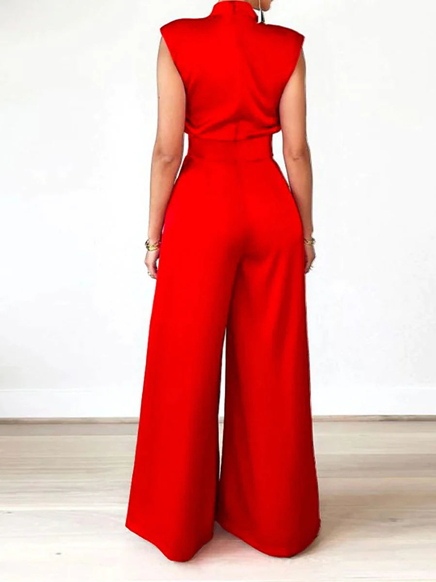 Women's Jumpsuit Pleated High Waist Solid Color Stand Collar Elegant Party Xmas Christmas Regular Fit Sleeveless Black Red Apricot S M L Fall