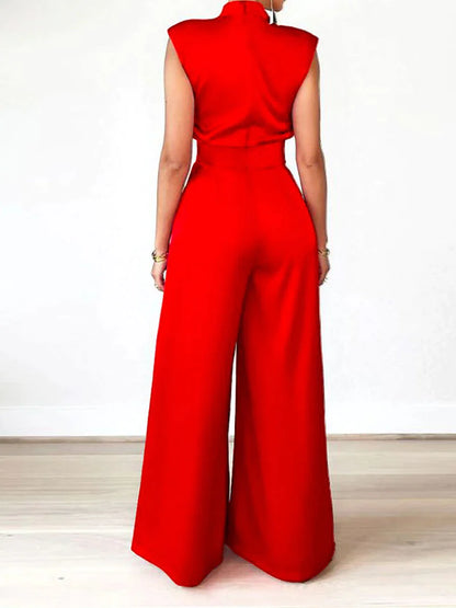 Women's Jumpsuit Pleated High Waist Solid Color Stand Collar Elegant Party Xmas Christmas Regular Fit Sleeveless Black Red Apricot S M L Fall