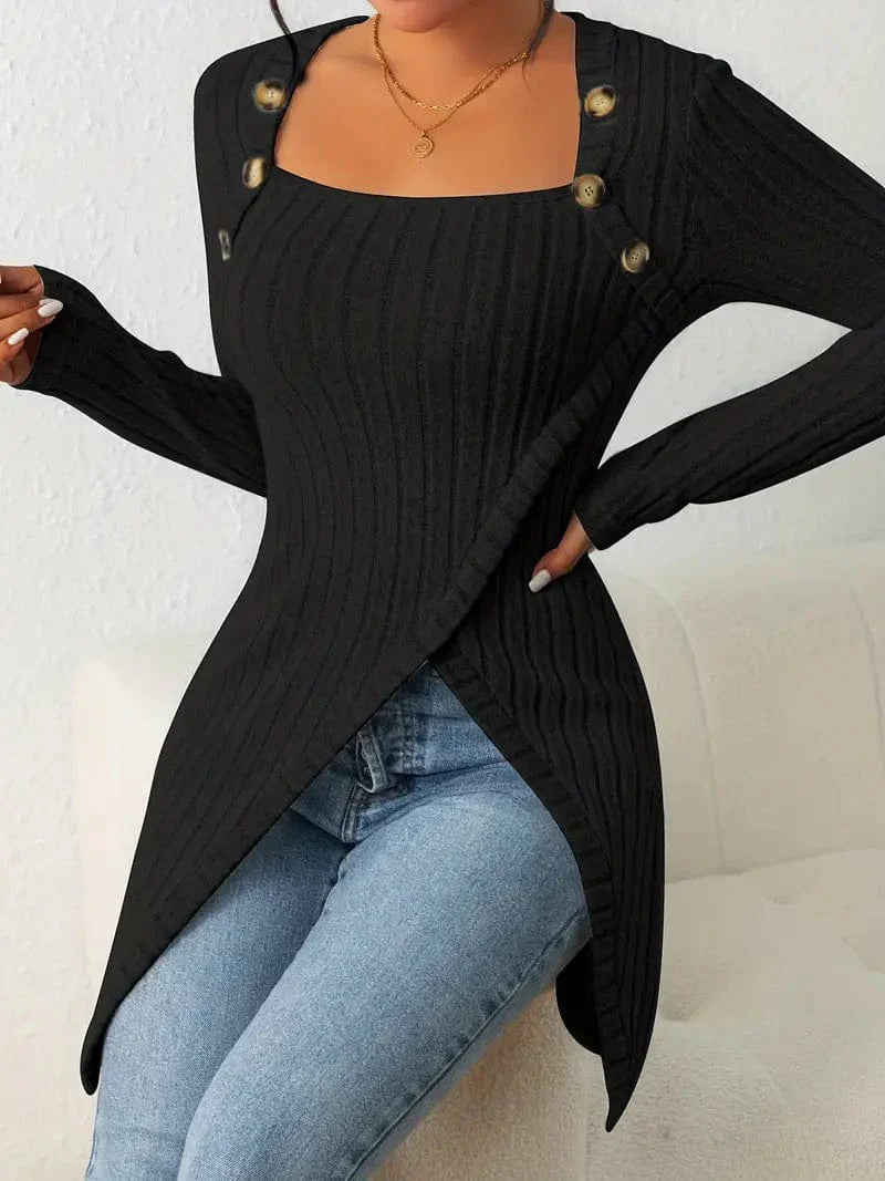 Casual Ribbed Button Decor Asymmetrical Hem Long Sleeve T-Shirt