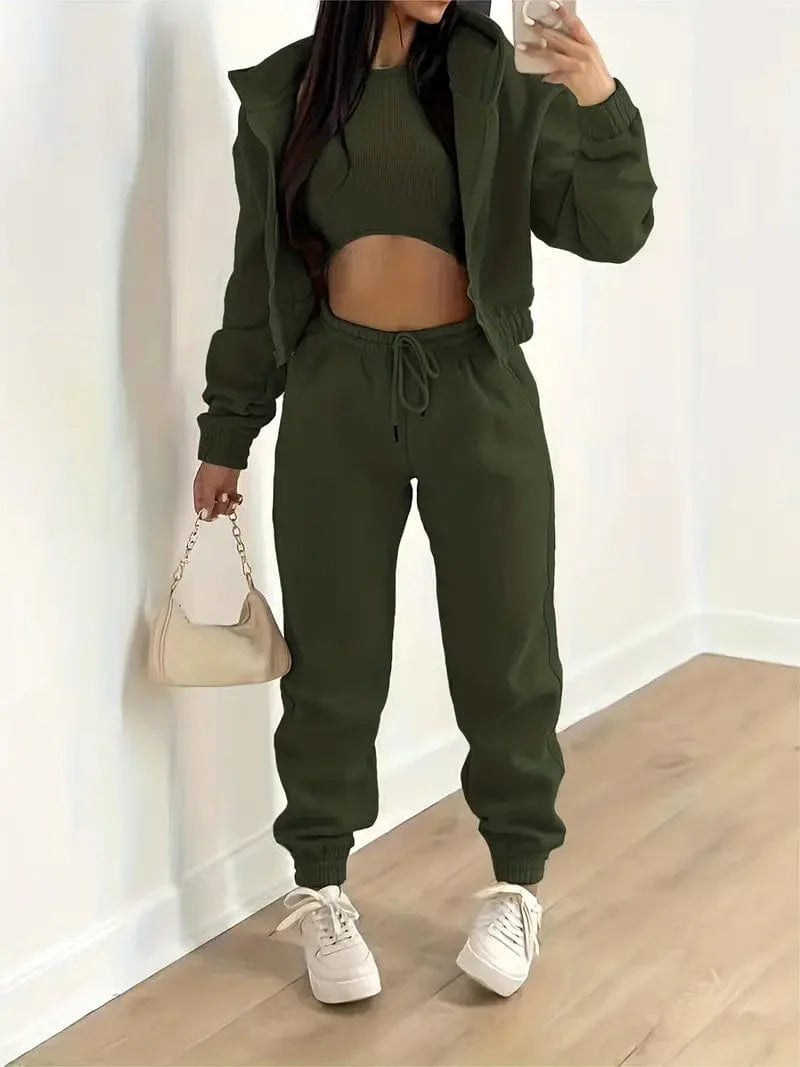 Casual Three-piece Matching Set with Hooded Zip-Up Jacket, Sleeveless Tank Top, and Elastic Waist Jogger Pants - Women's Fashion