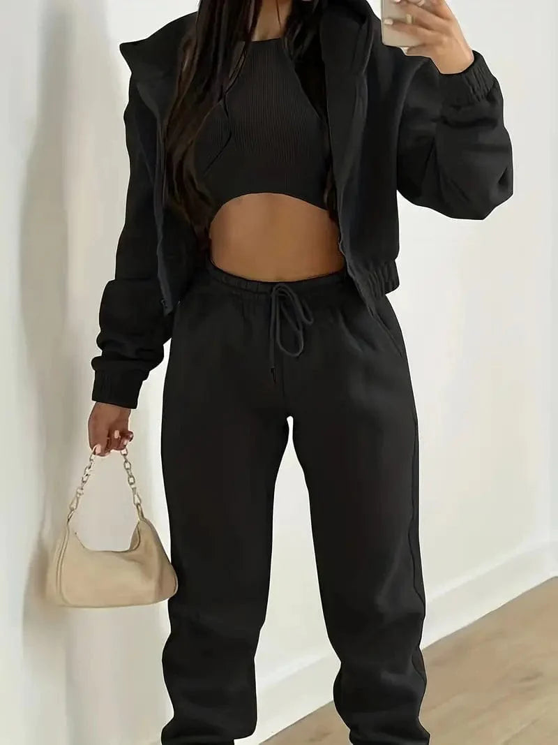 Casual Three-piece Matching Set with Hooded Zip-Up Jacket, Sleeveless Tank Top, and Elastic Waist Jogger Pants - Women's Fashion