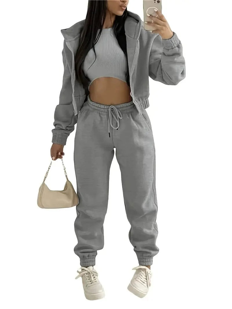 Casual Three-piece Matching Set with Hooded Zip-Up Jacket, Sleeveless Tank Top, and Elastic Waist Jogger Pants - Women's Fashion