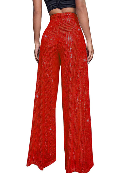 Women's Wide Leg Pants Trousers Sparkly Pants Full Length Sequins Micro-elastic High Waist Elegant Fashion Party Street claret M beige S M Summer Spring