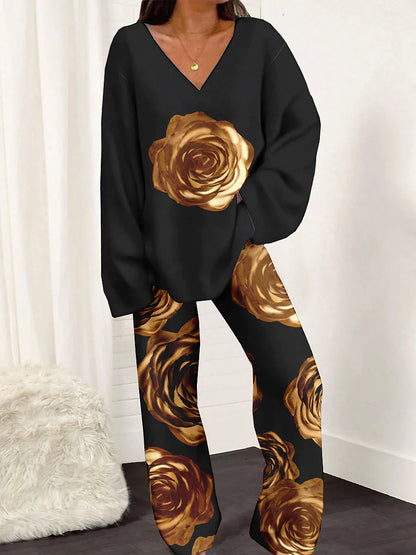 Women's Pajamas Sets Flower Fashion Soft Home Daily Bed Polyester Breathable V Wire Long Sleeve Pant Spring Black Yellow