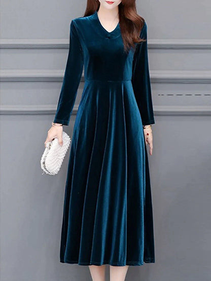 Women's Party Dress Wedding Guest Dress Velvet Dress Work Dress Midi Dress Black Wine Royal Blue Long Sleeve Pure Color Ruched Winter Fall Spring V Neck Fashion Spring Dress