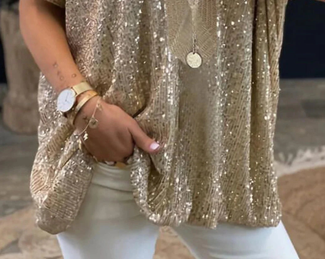 Women's Plus Size Shirt Blouse Plain Sparkly Silver Gold Sequins Half Sleeve Party Date Vacation Elegant Vintage Fashion V Neck Regular Fit Summer Spring