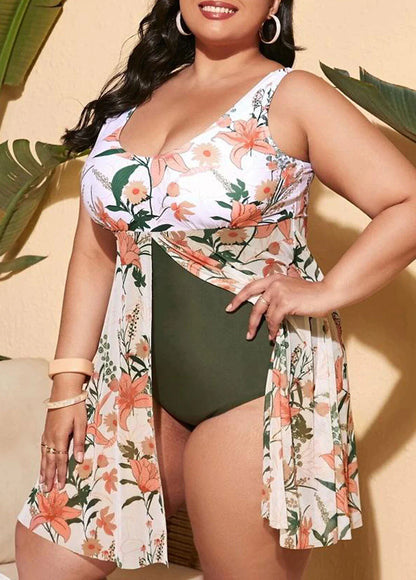 Women's Swimwear Swim Dress Plus Size Swimsuit 2 Piece Floral White Green High Neck Bathing Suits Sports Summer