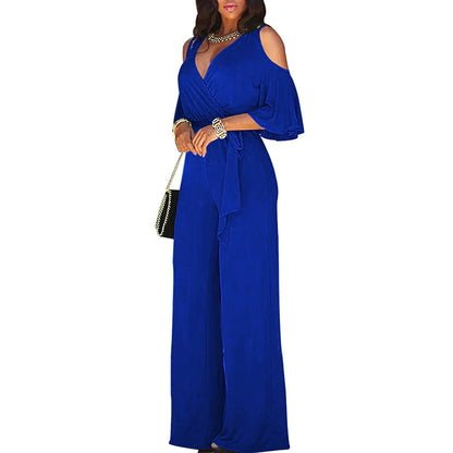 Black Jumpsuit for Women Lace up V Neck Ordinary Street Regular Fit Long Sleeve Wine Royal Blue S M L Fall