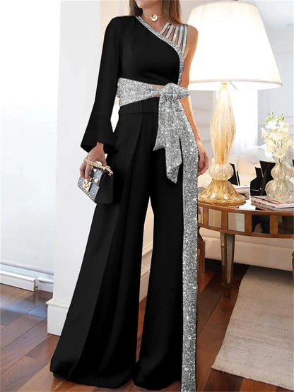 Women‘s Jumpsuit for Special Occasions Sparkly Sequin Patchwork High Waist Solid Color One Shoulder Streetwear Party Street Regular Fit Long Sleeve Black White Blue S M L Summer Fall