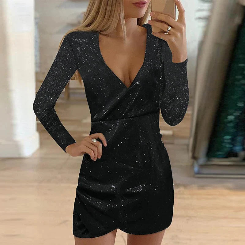 Women's Gold Sequin Dress Gold Dress Party Dress Sparkly Dress Formal Holiday Dress Mini Dress Black Long Sleeve Winter Fall Spring V Neck Fashion Winter Dress