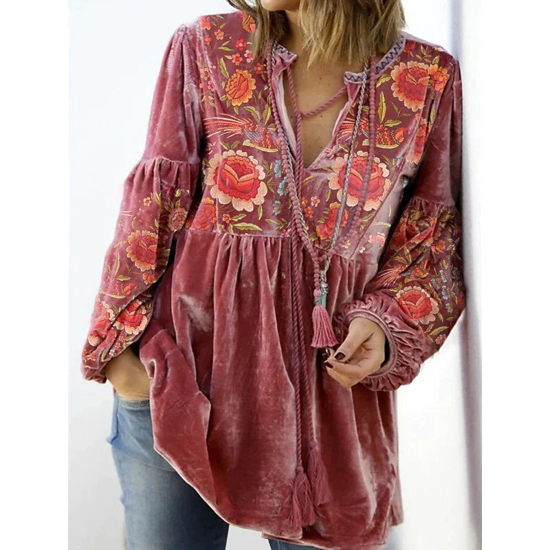 Women's Shirt Lantern Sleeve Blouse Peplum Floral Black Red Blue Print Peplum Flowing tunic Long Sleeve Casual Holiday Basic Round Neck Regular Fit Fall & Winter