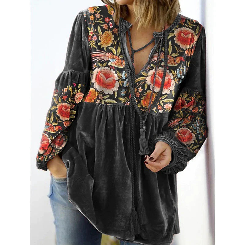 Women's Shirt Lantern Sleeve Blouse Peplum Floral Black Red Blue Print Peplum Flowing tunic Long Sleeve Casual Holiday Basic Round Neck Regular Fit Fall & Winter