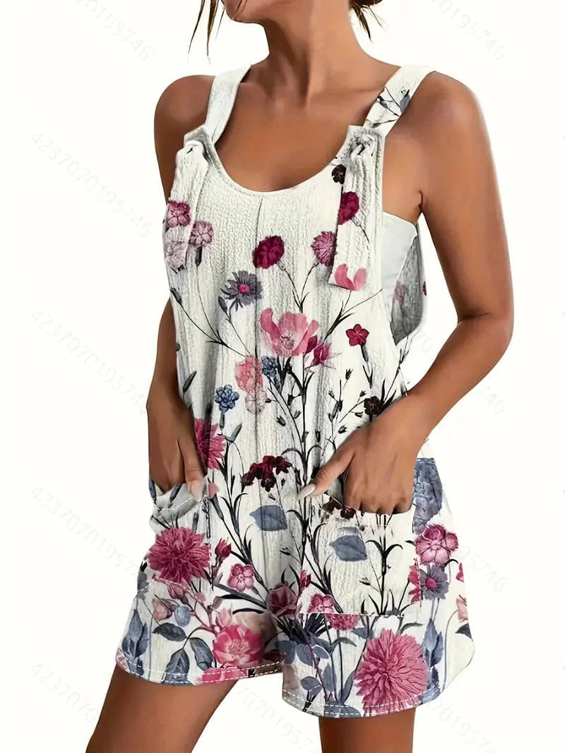 Flowery Print Jumpsuit with Pockets, Sleeveless Casual Romper for Women