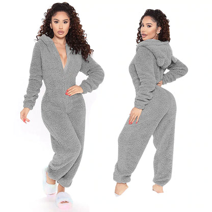 Women's Flannel Adult Onesies Onesie Pajamass Pajama for Adult Jumpsuits Nighty Pure Color Simple Comfort Party Home Christmas  Warm Gift Hoodie Long Sleeve Fall Winter Black