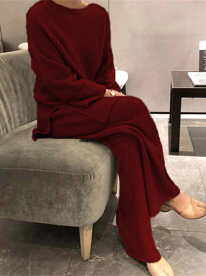 Women's Knit Pajamas Sets Pure Color Casual Comfort Home Daily Bed Knit Warm Breathable Crew Neck Long Sleeve Sweater Pant Fall Winter Black Wine