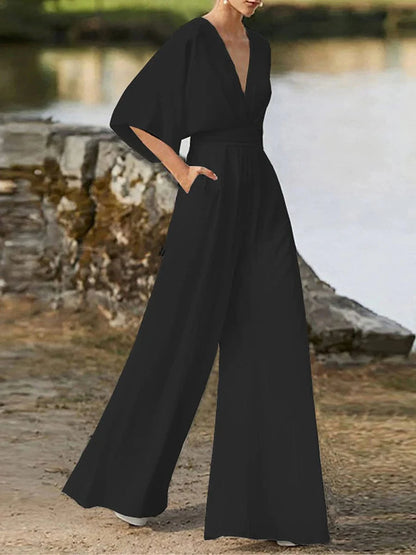 Elegant V-Neck Backless Jumpsuit with 3/4 Length Sleeve and Pocket