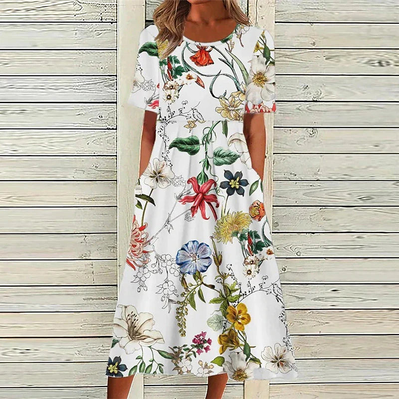 Women‘s Shift Dress Swing Dress Midi Dress White Short Sleeve Floral Pocket Spring Summer Crew Neck Loose Fit 2023 S M L XL XXL 3XL