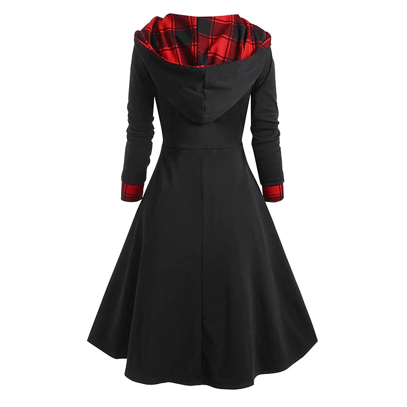 Women's New Year's Eve Dress Tartan Dress Sheath Dress Black Wine Red Long Sleeve Plaid Patchwork Winter Fall Hooded Modern Winter Dress Weekend Fall Dress Loose Fit