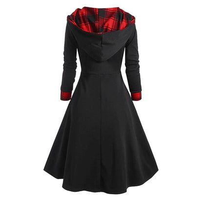 Women's New Year's Eve Dress Tartan Dress Sheath Dress Black Wine Red Long Sleeve Plaid Patchwork Winter Fall Hooded Modern Winter Dress Weekend Fall Dress Loose Fit