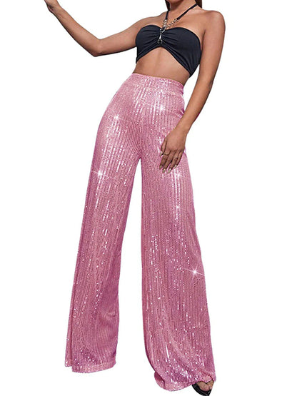 Women's Wide Leg Pants Trousers Sparkly Pants Full Length Sequins Micro-elastic High Waist Elegant Fashion Party Street claret M beige S M Summer Spring