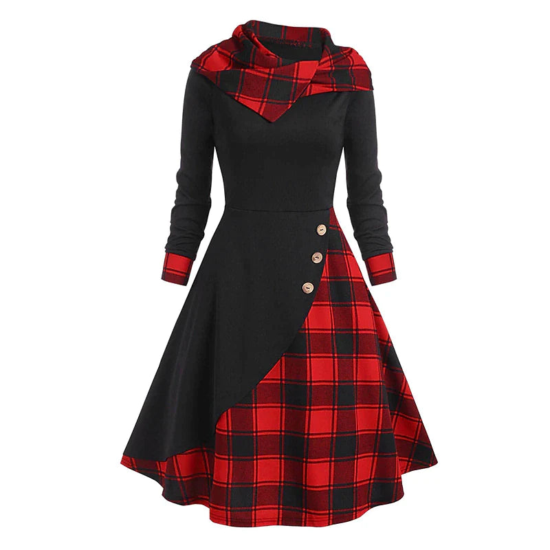 Women's New Year's Eve Dress Tartan Dress Sheath Dress Black Wine Red Long Sleeve Plaid Patchwork Winter Fall Hooded Modern Winter Dress Weekend Fall Dress Loose Fit