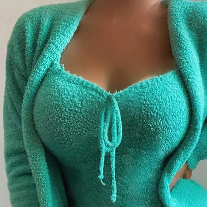 Women's Fleece Lounge Sets 2 Pcs Fluffy Fuzzy Warm Pajama Winter Pure Color Comfort Street Going out Airport Polyester Warm Gift V Wire Sleeveless Strap Top Basic Winter Fall Green Pink