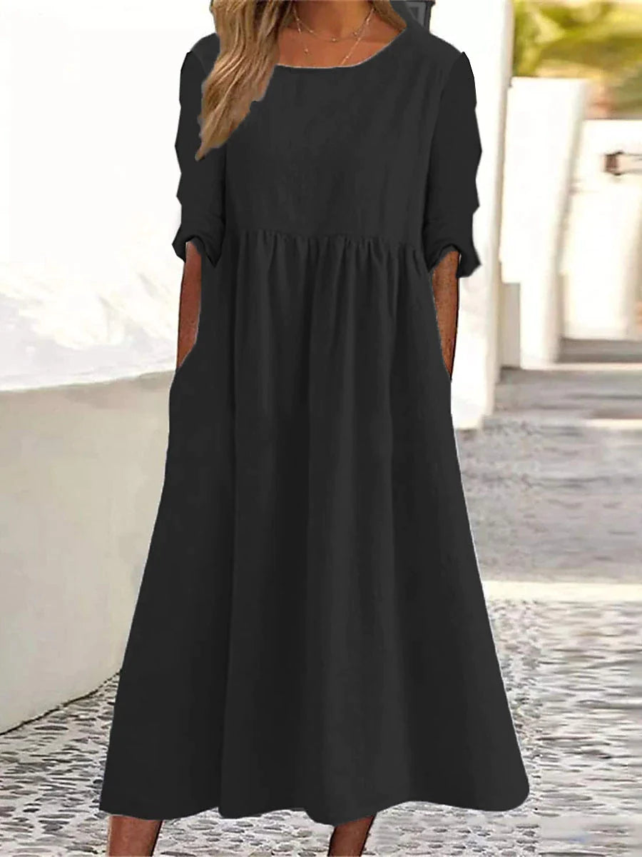 Women's Casual Dress Cotton Linen Dress Swing Dress Midi Dress Cotton Blend Basic Classic Outdoor Daily Vacation Crew Neck Pocket Long Sleeve Summer Spring Fall 2023 Loose Fit Black Gray Plain S M L