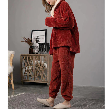 Women's Fleece Flannel Warm Pajamas Sets Fluffy Fuzzy Warm Nighty Pure Color Plush Comfort Home Christmas V Wire Long Sleeve Sweater Pant Elastic Waist Fall Winter Gray Purple / Lace Up